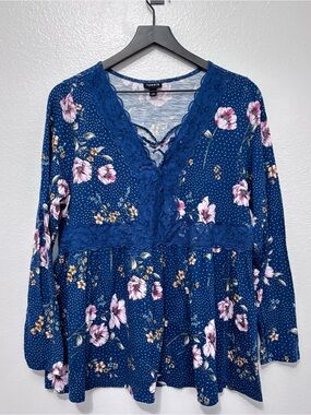 Torrid Floral Lace Trim Babydoll Top Blue Long Sleeve Boho Plus Size